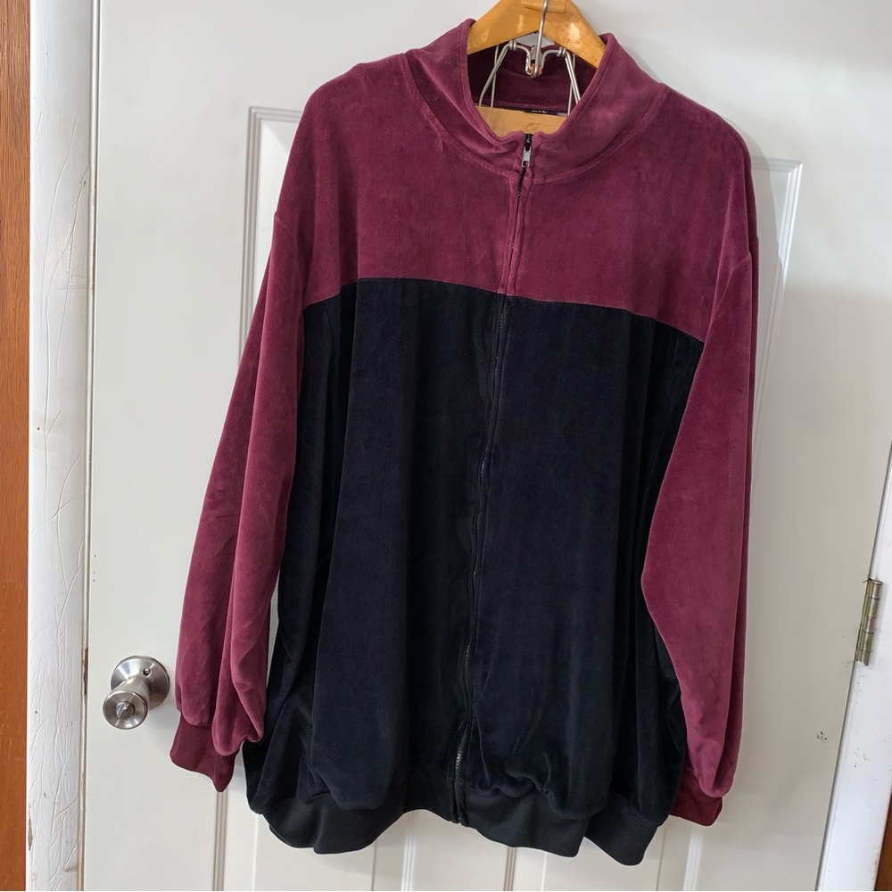 King Size EUC Burgundy & Black Velour Zip Up Jacket 4XL BIG